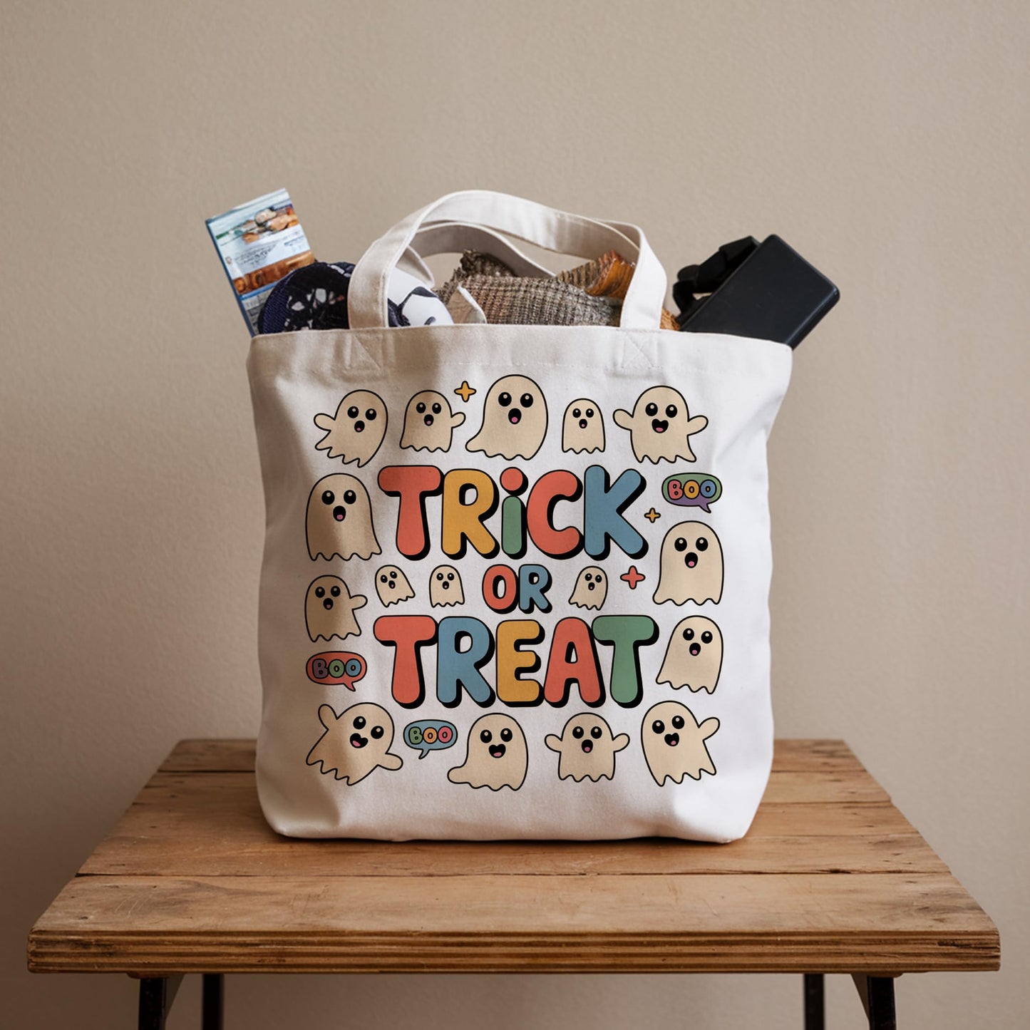 LRYBUD Halloween Tote Bag Trick or Treat for Women Canvas Womens Work Tote Bag Gifts