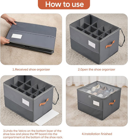 Chewlish Closet, (2, Shoe Organizer for Foldable Shoe Box Storage Containers with Clear Cover, Smooth Zipper