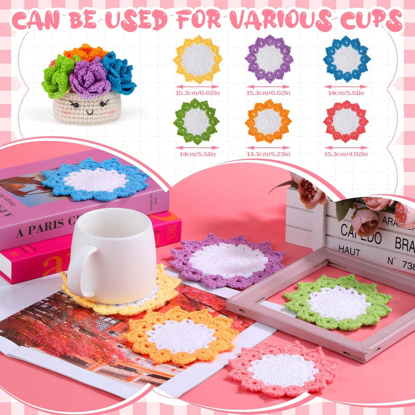 Hssugi Crochet Kit for Beginners, 6PCS Crochet Starter Kit, Potted Plant Coasters Crochet Kit with Step-by-Step Video Tutorials, Crochet Hooks, Learn to Crochet Kits for Adult Beginners