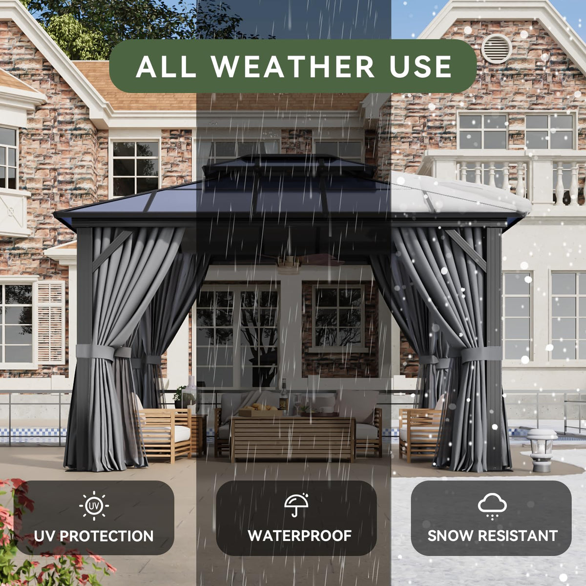 Aoxun 10'x12' Hardtop Gazebo, Aluminum Frame Permanent Pavilion with Curtains and Netting, Outdoor Polycarbonate Double Roof Canopy for Garden, Lawns, Patio