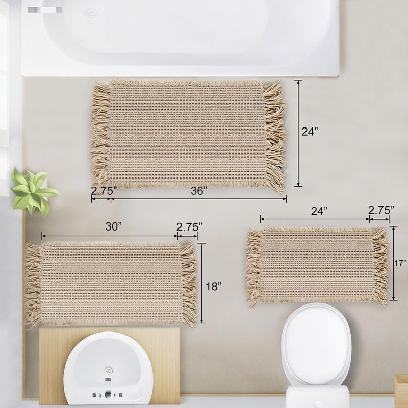CozeForm Waffle Bath Mat, Super Absorbent Waffle Bathroom Rug with Tassels, Non Slip Bath Mats for Bathroom Floor, Ultra Soft Boho Bath Mat, Quick Dry Shower Mat, Machine Washable, 18"×30", Khaki