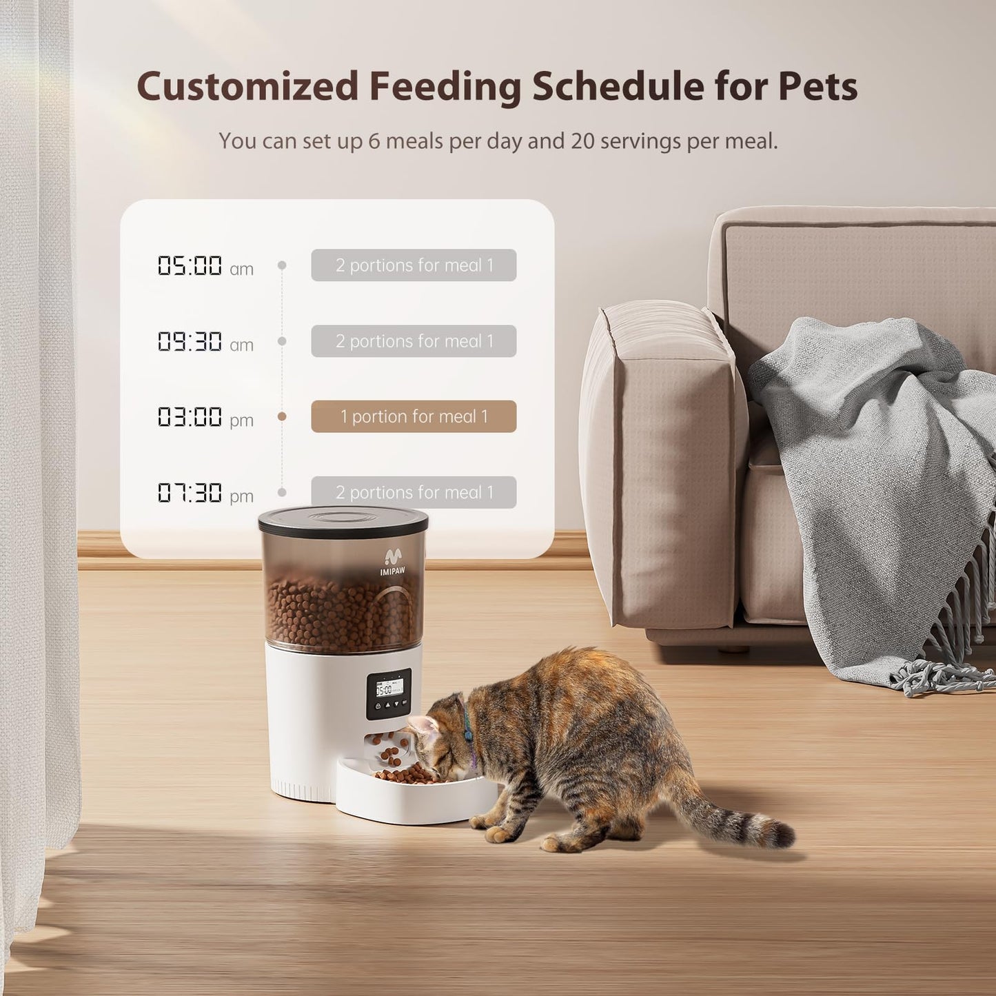 IMIPAW Automatic Cat Feeders, 3L Timed Cat Dry Food Dispenser, Dual Power Supply, Programmable Portion Size, Auto Pet Feeder for Cats and Small Dogs