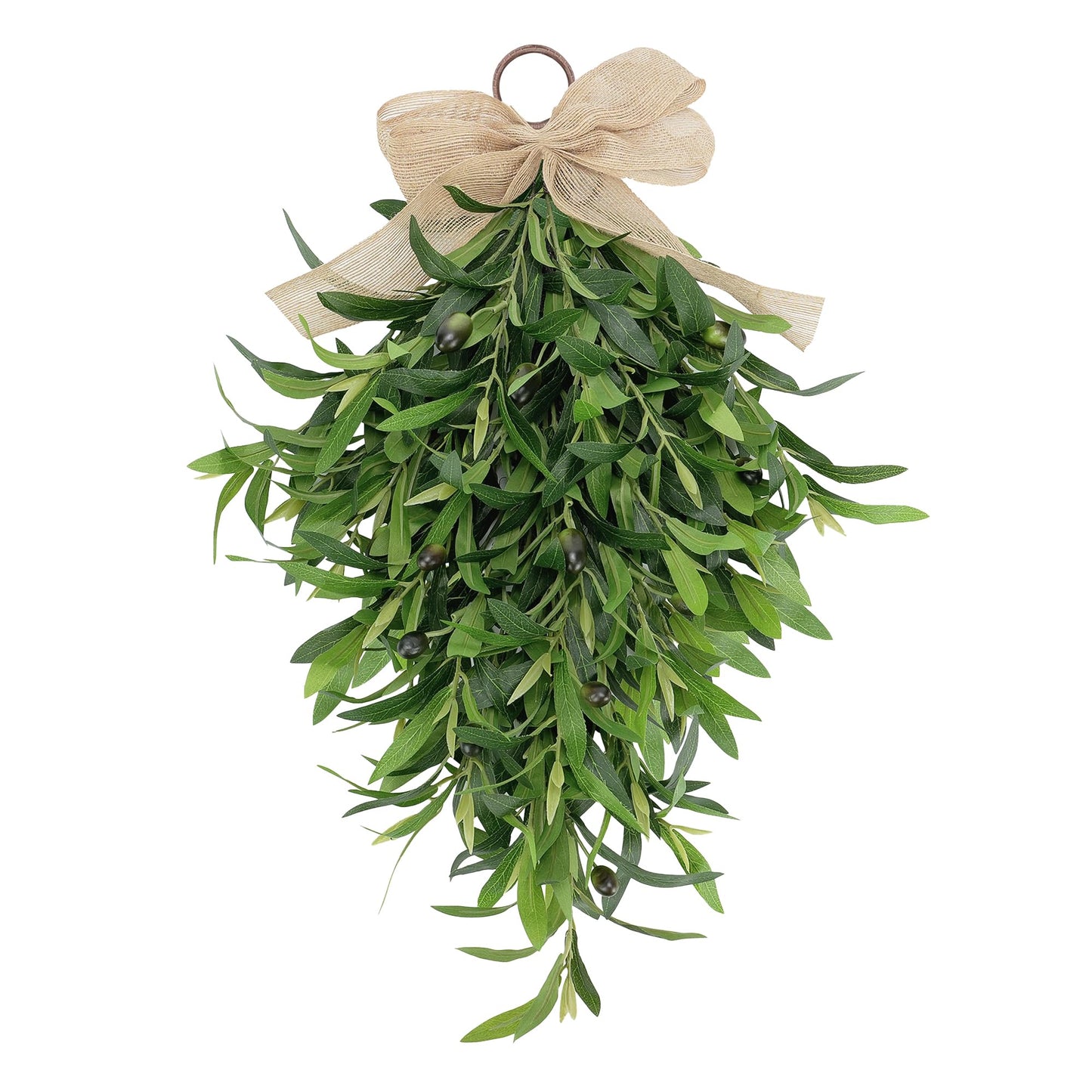 Artificial Olive Teardrop Swag Wreath for Front Door - 22 Inch Faux Greenery Wall Decor with Burlap Bow - Farmhouse Olive Branch Swag for Indoor Kitchen Entryway Wedding Arch