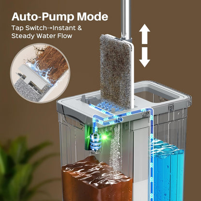Skiennix Mop and Bucket Set - Auto Pump with 3-Zone Water Separation | Flat Mop System with Wheels & 4 Reusable Pads