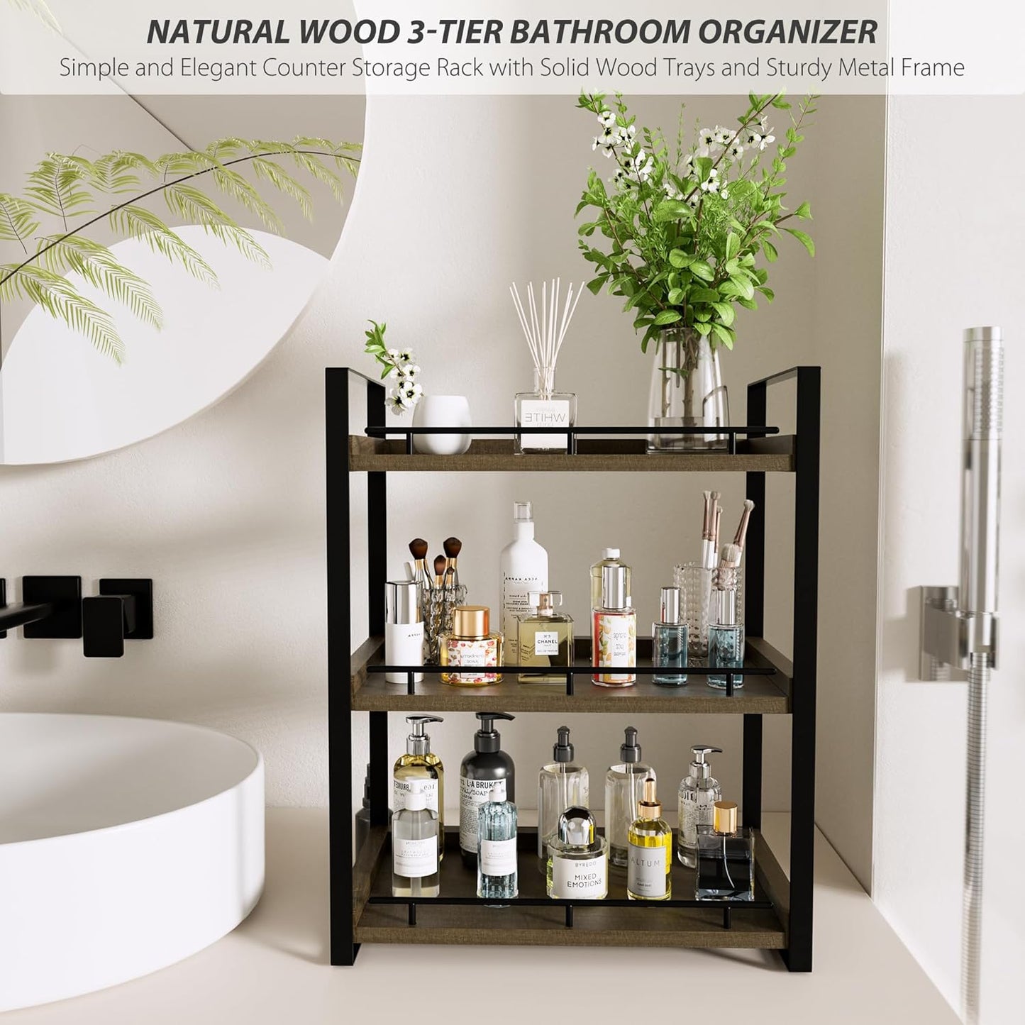 Counter 3 Countertop Bathroom Organizer, Tier Wood Shelf for Vanity, Skincare, Makeup, Kitchen Coffee and Sink Storage