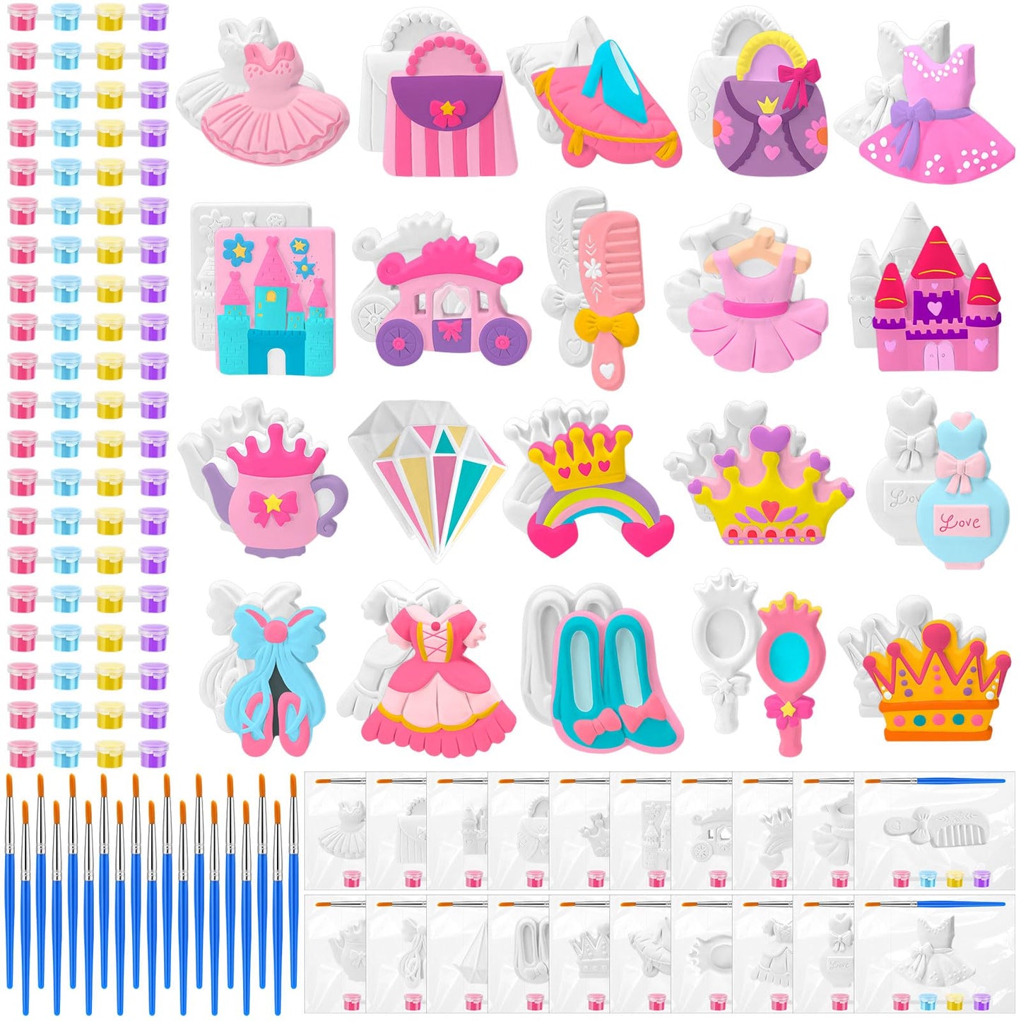 JellyArch 20 Set Princess DIY Painting Kit Ceramic to Paint Your Own Princess Rainbow Castle Statues Unpainted Plaster Figurines Brushes Acrylic Paints Bags Party Favor for Adults