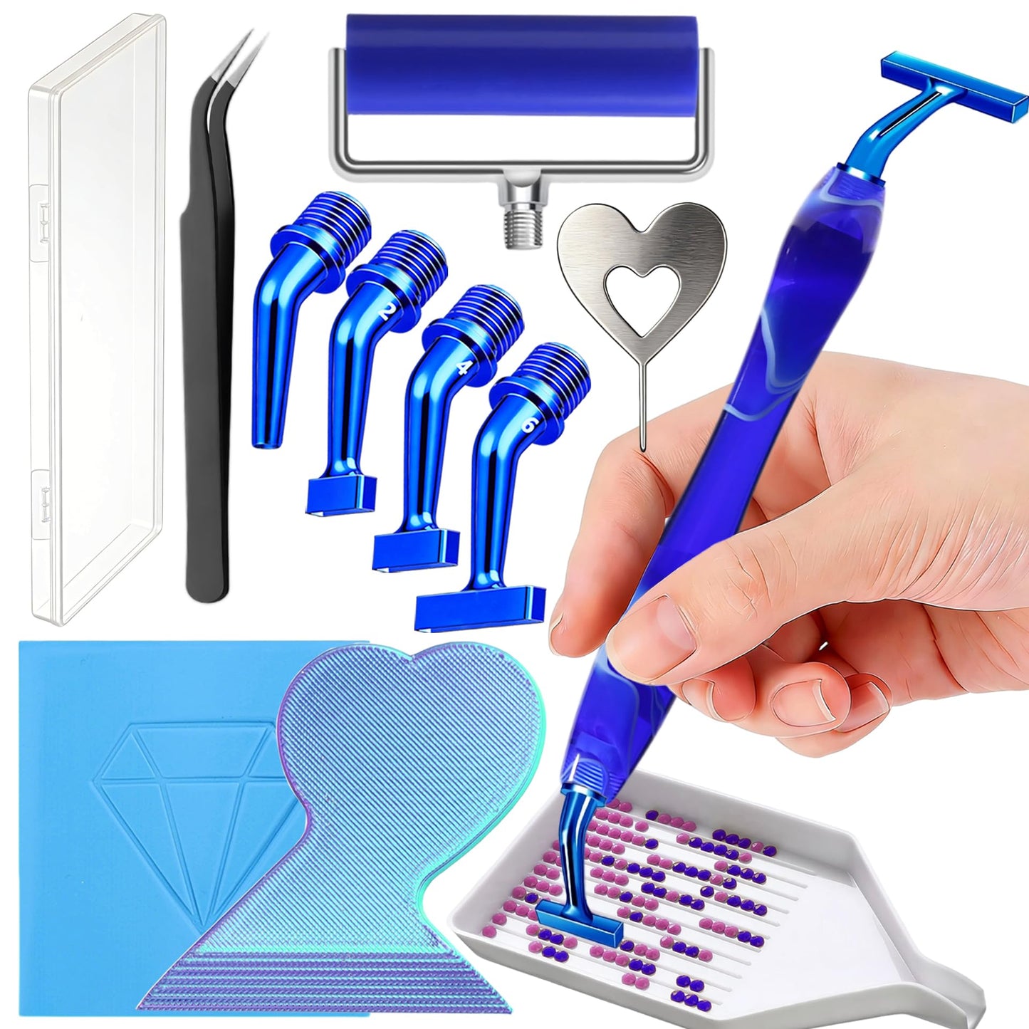 Diamond Painting Art Drill Bead Dot Pen Kit with Ergonomic 45° Screw Metal Tips Nibs Placers Roller Tool Accessories, Diamond Art Putty, Diamond Painting Tray, Tweezer (Blue 1246 Beads)