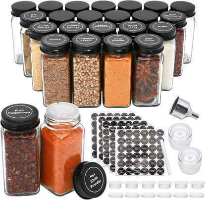 Maredash 24pcs with180 Spice Jars Labels,Glass Spice Jars, Seasoning Containers,Seasoning Organizer,Include black metal