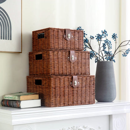 Homepeaz Set of 3 Woven Wicker Storage Basket Box with Lids & Lock, Built-in Carry Handles, Multifunctional Storage Organizer for Nursery, Baby, Clothes, Toys, Books, Large/Medium/Small Size (Natural)