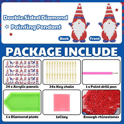 Outus 24 Pcs 4th of July Diamond Art Keychains Patriotic Diamond Keychains Memorial Day Gnome American Flag Double-Sided 5d DIY Art for Beginners Adults 250th Anniversary Independence Day Party Favors