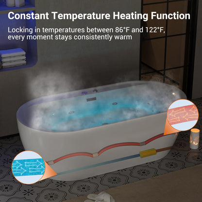 Water Therapy Freestanding Bathtub 71 inch Acrylic Massage Spa Tub with Heating System, Bubble Jets and Digital Control Panel for Bathroom Upgrade and Relaxation