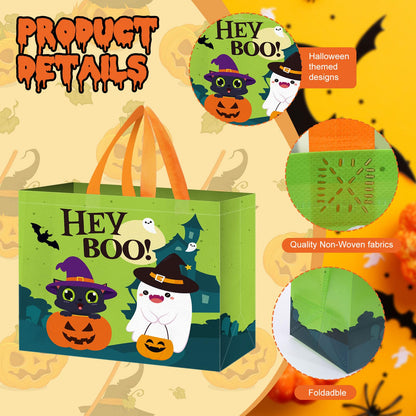 Sweetude 12 Pcs Large Halloween Tote Gift Bags with Handles Bulk Halloween Trick or Treat Bags Non-woven Reusable Pumpkin Ghost Bat Monster Tote 13inch for Gifts Wrapping Party Favor Supply
