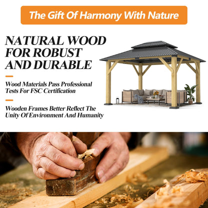 GARTOO 10' x 12' Outdoor Wooden Gazebo - Patio Hardtop Gazebo Permanent Wooden Pavilion with Galvanized Steel Double Roof, Wood Gazebos for Garden, Lawn, Poolside, Backyard Deck