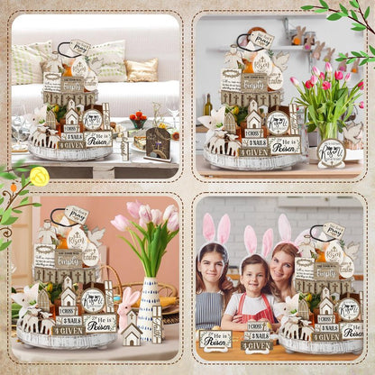 Yuntau 24 Pcs Easter Tiered Tray Decor Religious Easter Decorations He is Risen Cross Tray Decoration Sets Christian Cross Table Wooden Sign Farmhouse Table Decor for Home Kitchen Office Holiday