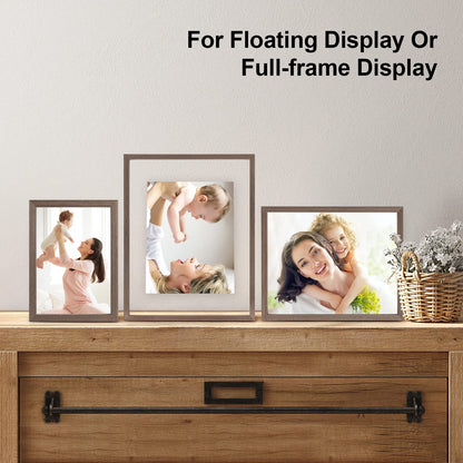 Egofine 5x7 Floating Frames Set of 2, Double Plexiglass Picture Frame, Made of Solid Wood Display Any Size Photo up to 5x7, Wall Mount or Tabletop Standing, Brown