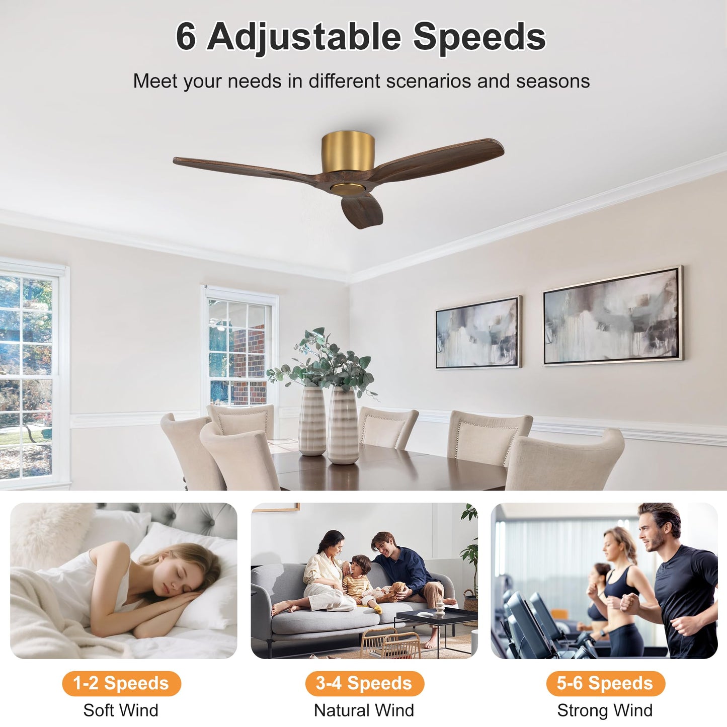 WINGBO 48" Flush Mount Ceiling Fan No Light - 3 Carved Solid Wood Blades, 6-Speed Reversible DC Motor, Dimmable, 3CCT, Low Profile Ceiling Fans without Lights for Bedroom Living Room, Gold and Walnut