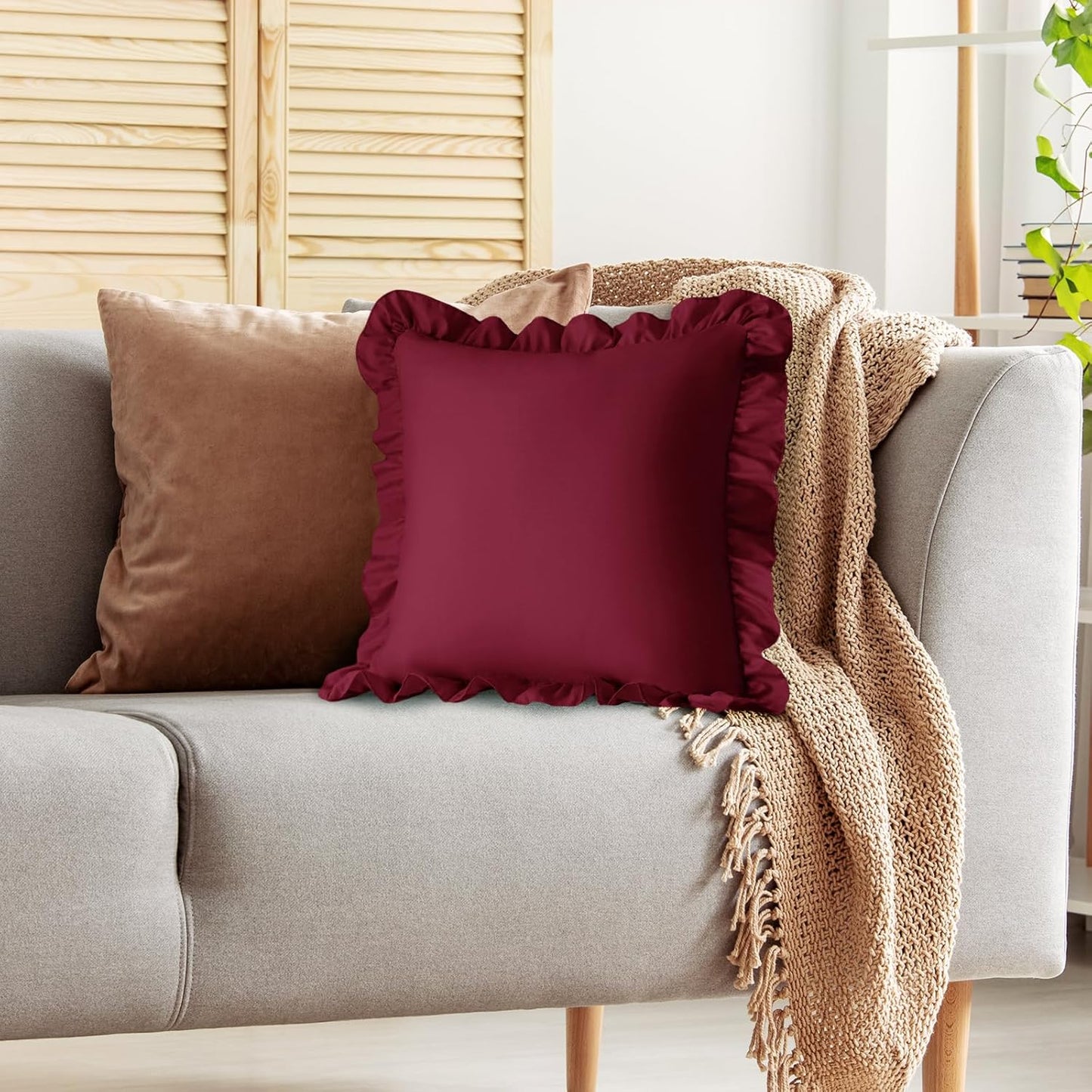 18x18 Inches, Set 2, KKJIAF Ruffle Pillow Cases Burgundy Square Ruffled Pillow Covers of Microfiber Wrinkle Resistant