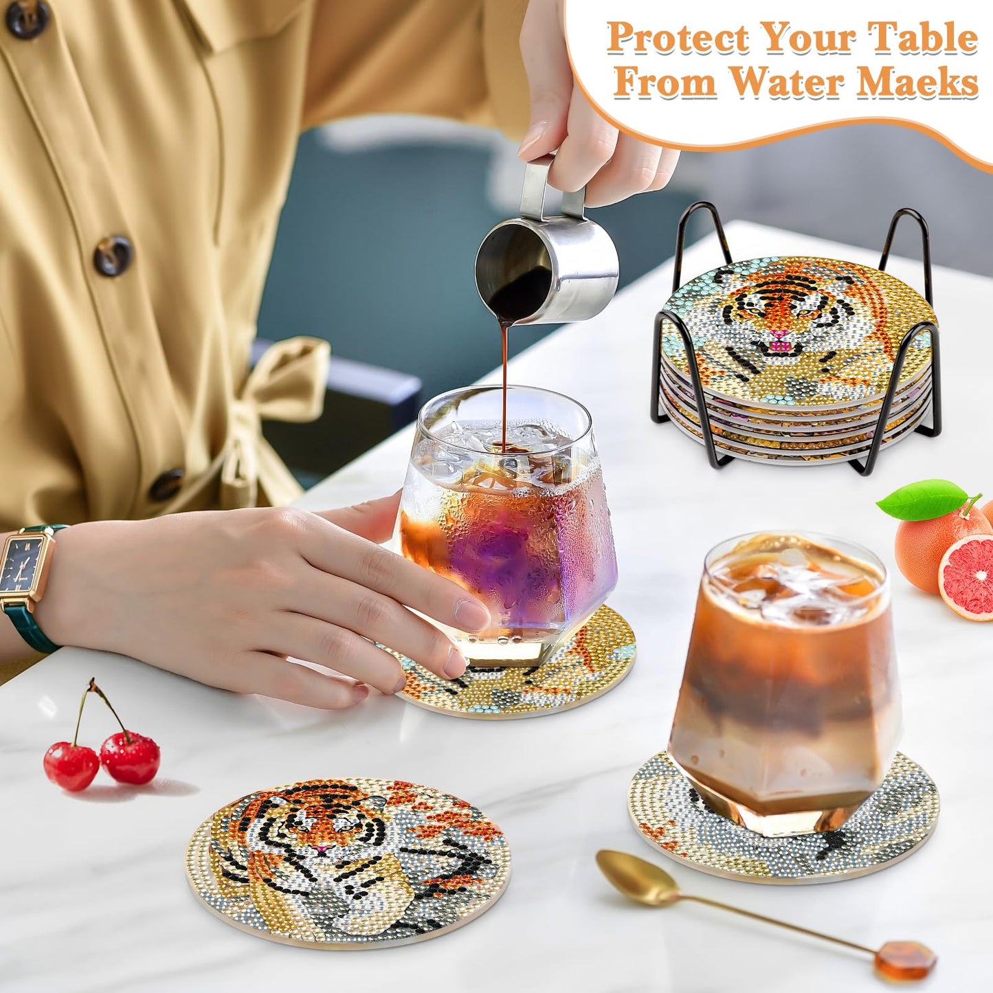 GHHKUD 6pcs Tiger Diamond Painting Coasters, DIY Life Coasters Animals Diamond Art Kits for Adults Kids, Full Drill 5D with Holder Cork Pad for Home