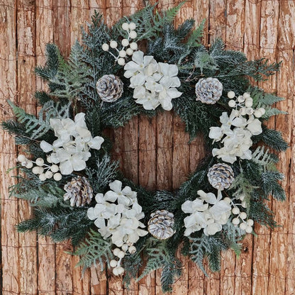 BINFEN 20” Glitter Pine Christmas Winter Wreath with Metallic Silk Hydrangea Pinecone & White Berry – Mixed with Norfolk Cypress Cedar & Spruce, Wreaths for Front Door Porch Mantel & Fireplace Decor