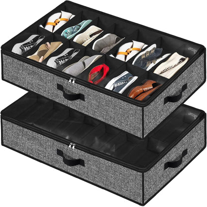 Under Bed Shoe Storage Organizer, 2 Pack for 28 Pairs, Clear Window, Foldable Shoe Rack Holder, Black