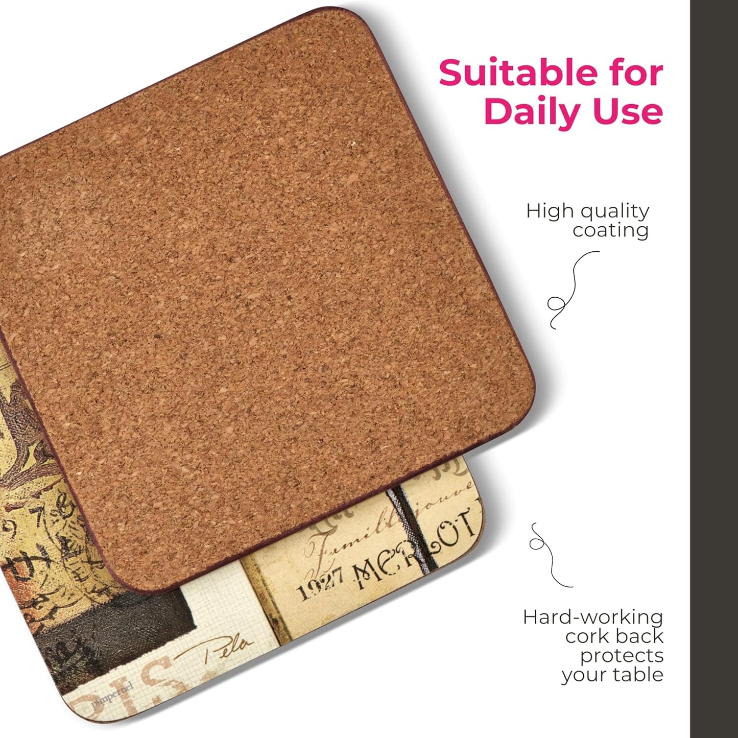 Pimpernel French Cellar Coasters - Set of 6 Rustic Wine Labels Cork-Backed Drink Coasters for Home Decor