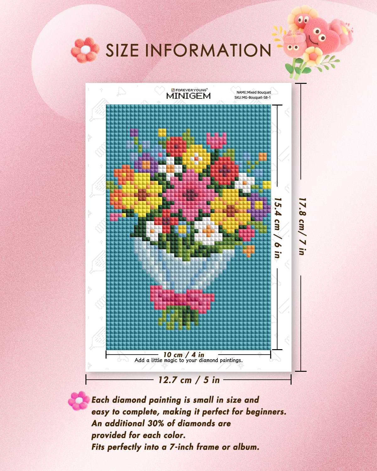 forever young Minigem Diamond Art Flowers Kits for Beginners, 8 Pcs Flower Resin Square Drill Diamond Painting Kits for Adults, 2-Hour Canvas Flower Small Diamond Art Kits for Adults (5x7 Inch)