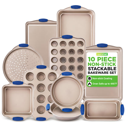 NutriChef 10-Piece Nonstick Bakeware Set - Premium Carbon Steel Baking Pan Set w/Heatsafe Silicone Handles, Includes Pizza Crisper, Loaf Pan, 12 & 24 Cup Muffin Pans, Cake Pans, Cookie Sheets