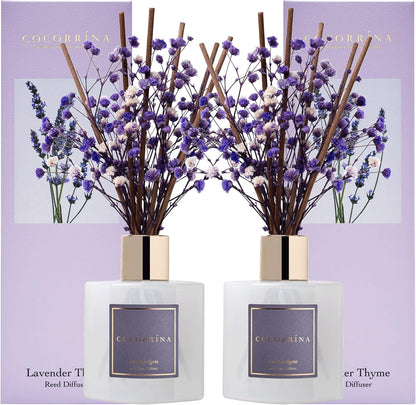 Set 2 Packs, 6.7oz Cocorrna Premium Reed Diffuser with Preserved Baby's Breath & Cotton Stick Lavender Thyme Scent