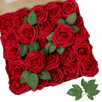 AmyHomie Artificial Flowers Dark Red Rose 25pcs Real Looking Fake Roses w/Stem for DIY Wedding Bouquets Centerpieces Arrangements Party Baby Shower Mothers Day Christmas Tree Decorations