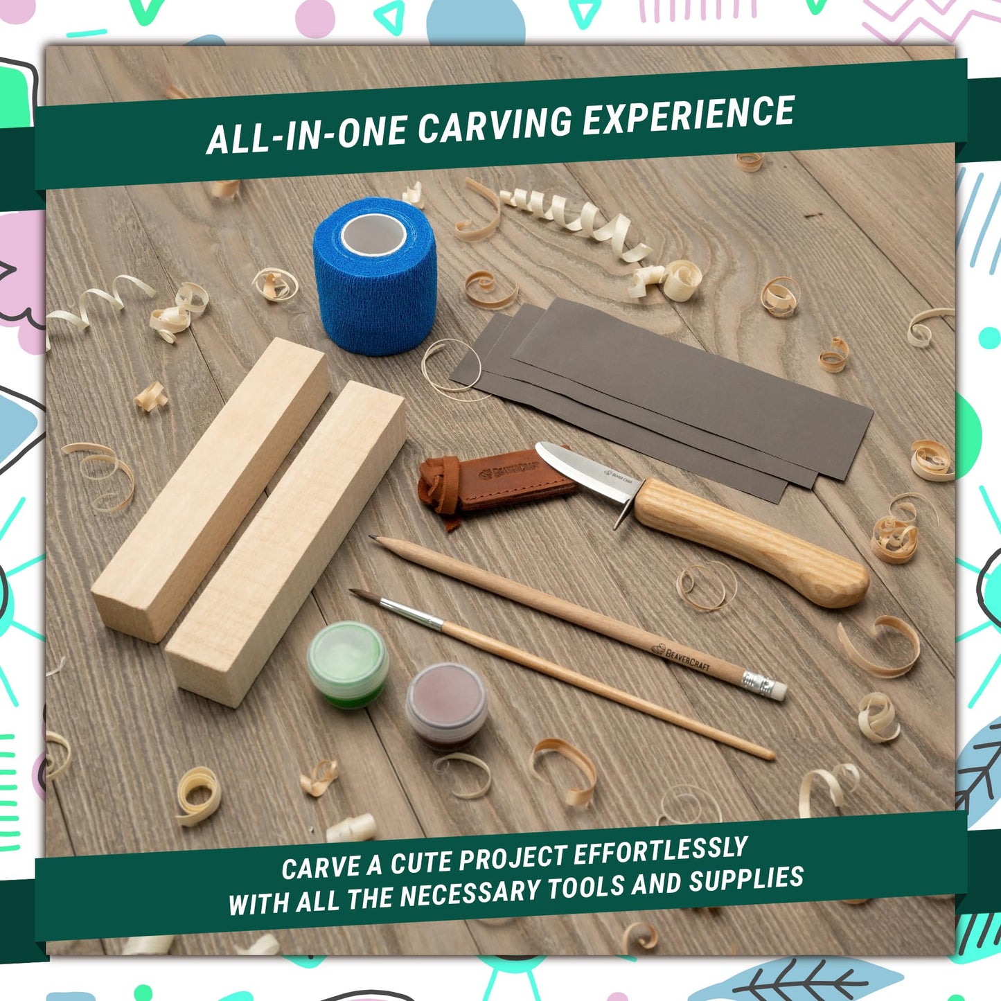 BeaverCraft Wood Carving Kit for Kids & Beginner DIY08 - Wood Whittling Kit for Kids 14+ Woodworking Starter Hobby Kits for Boys Wood Crafts Projects DIY Gifts, Carving Set Whittling Knife & Basswood