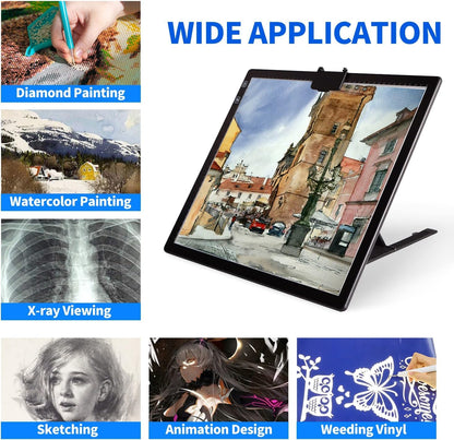 YINGWOND Rechargeable A3 LED Light Pad with Carry Bag, Adjustable Brightness Light Box with 3 Colors, Built-in Stand, 2500mAh Battery, Magnetic Clip, Light Board for Tracing Diamond Painting Sketching
