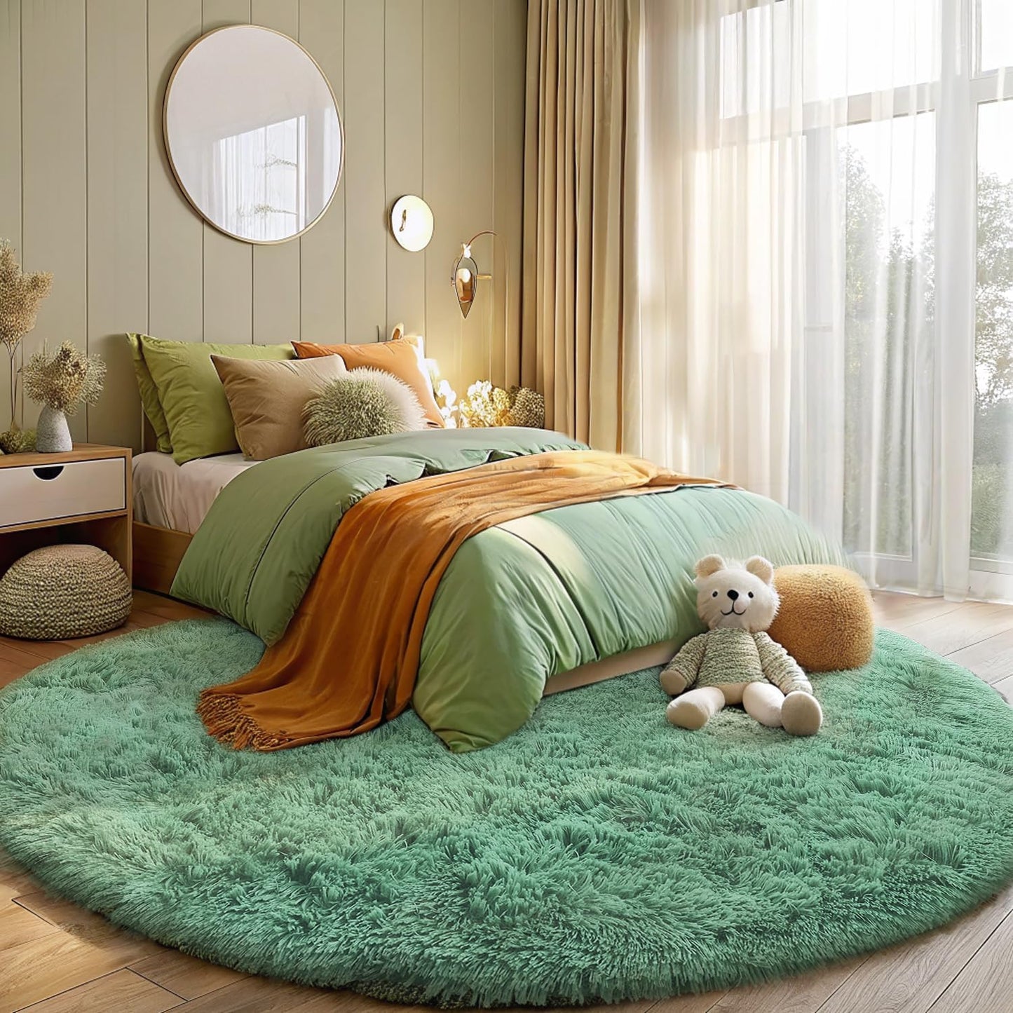OLANLY Mint Green Round Rug - Soft, Fluffy Shaggy Carpet | 8 ft Machine Washable Area Rug for Bedroom & Living Room Decor