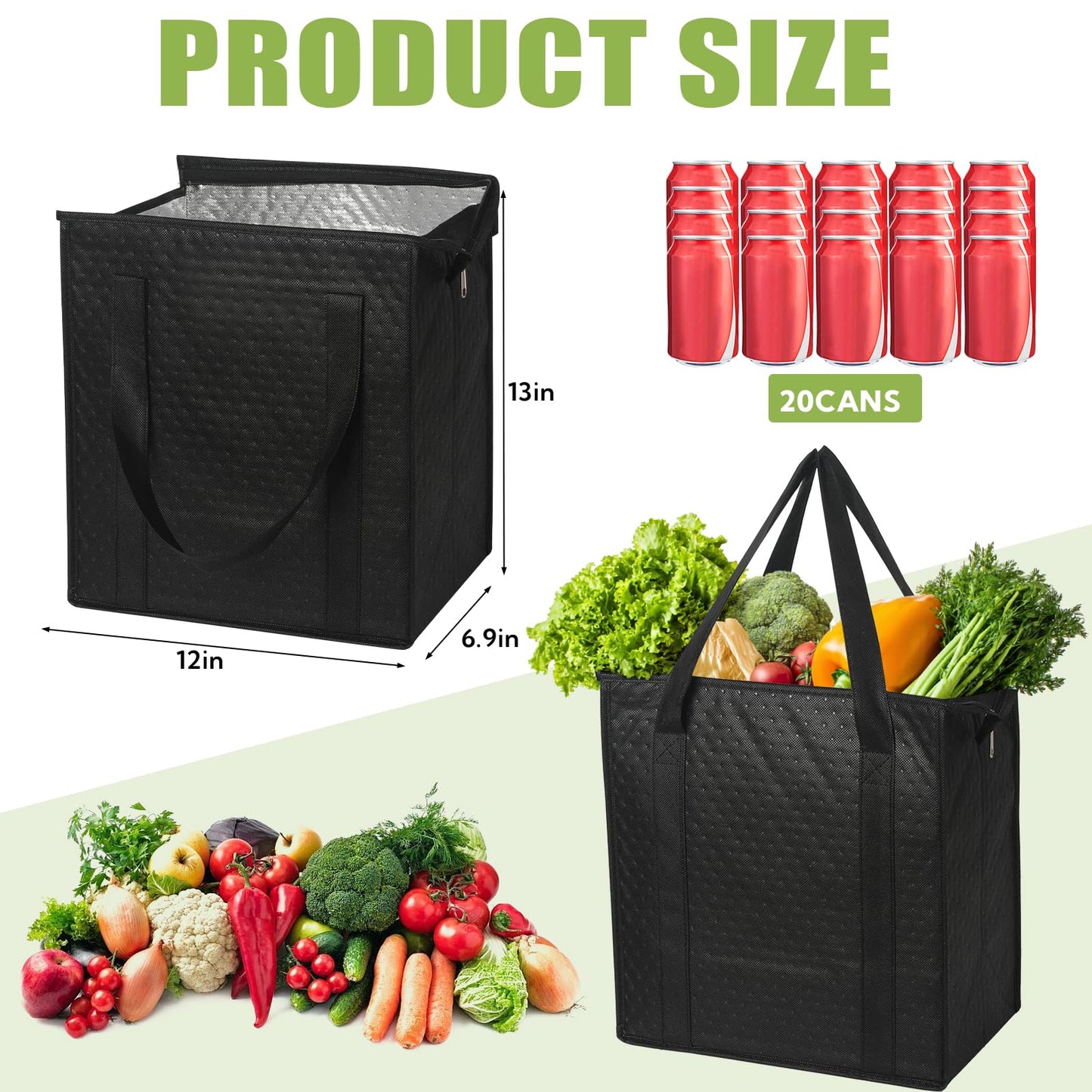VZZNN 20 Pack Insulated Grocery Bags Bulk, Reusable Shopping Bags with Sturdy Zipper & Handles, Large Foldable Washable Thermal Cooler Totes for Hot Cold Food Transport, Travel & Lunch(Black)