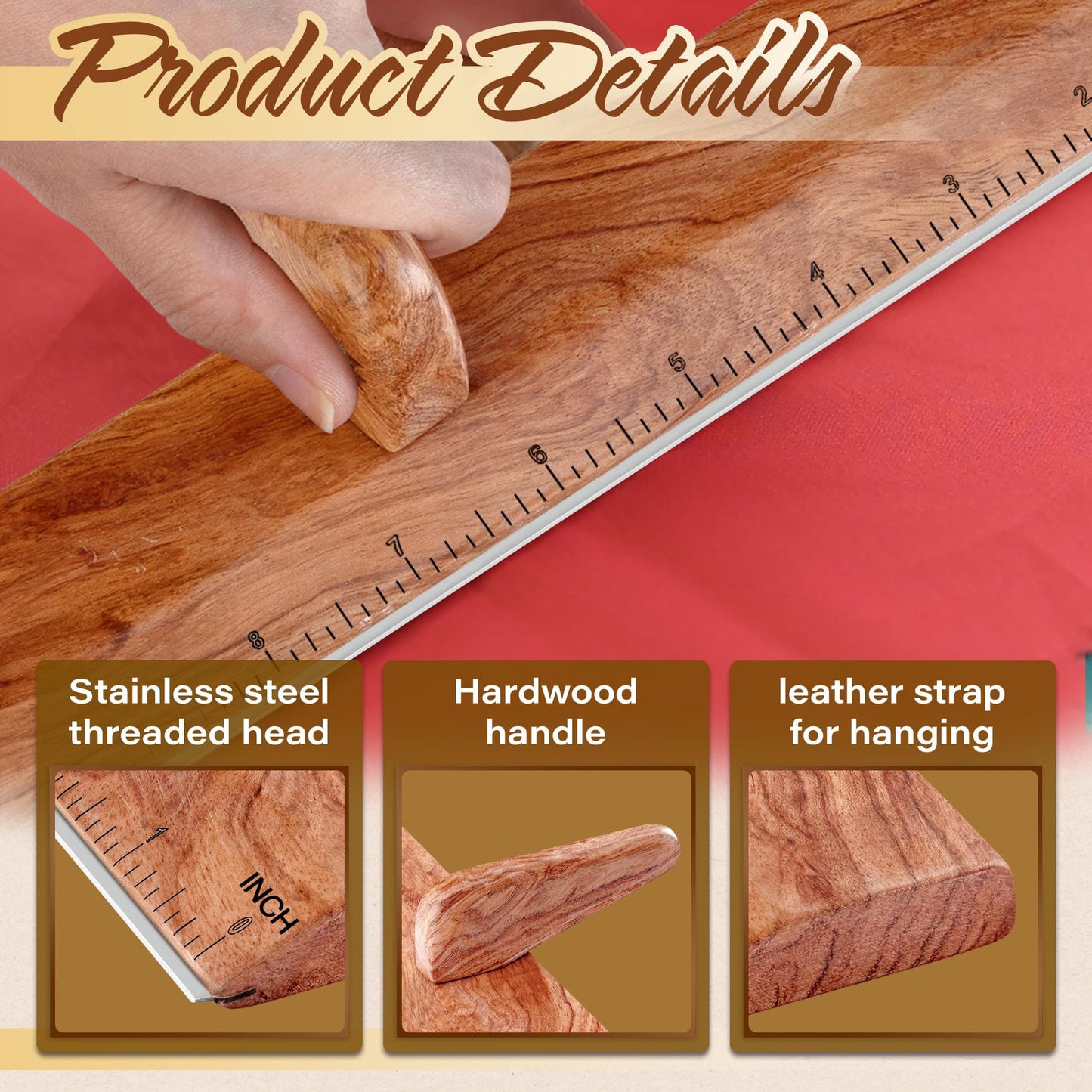 SAVINA Safety Ruler with Handle & Stainless Steel Edge - 13in Handmade Hardwood Ruler for Quilting, Sewing, Fabric, Paper & Leather Crafts - Comfortable Grip for Precision Tailoring & DIY Projects