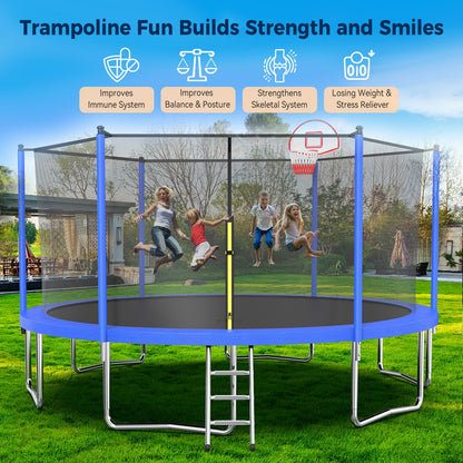Tatub 14FT Trampoline for Kids and Adults, Outdoor Recreational Trampolines with Basketball Hoop & Enclosure Net, Blue