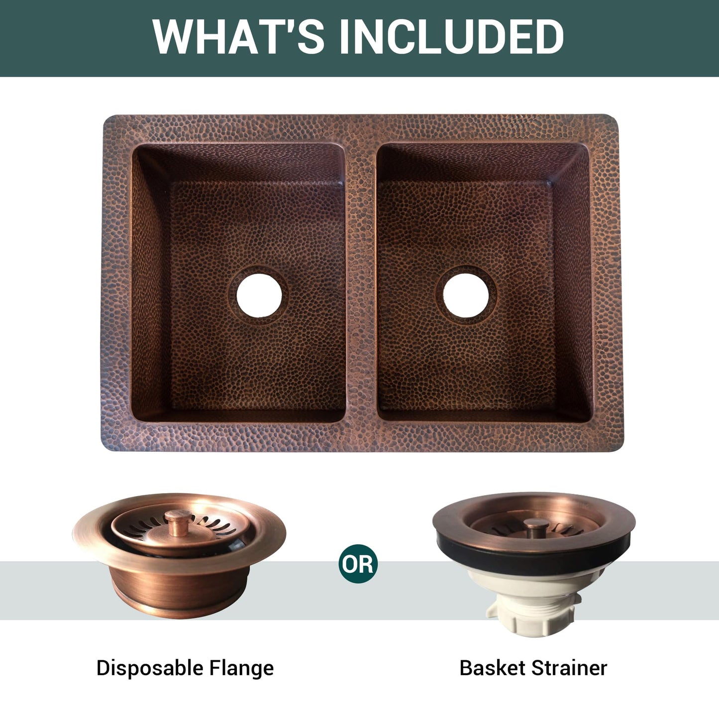 CT Copper Tailor 33" Copper Farmhouse Kitchen Sink 16 Gauge Thick, Hand-hammered Antique Copper 50/50 Double Bowl Sink,Strainer Included