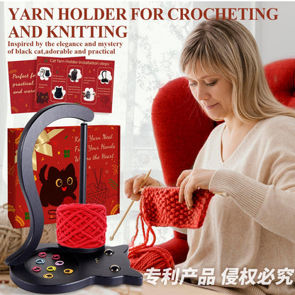 Black Cat Yarn Holder for Crocheting, Wooden Crochet Yarn Holder Magnetic Yarn Spinner with Accessories Storage Anti-Slip Pads,Yarn Ball Holder Crochet Gift for Knitting Lovers with Gift Box Packaging