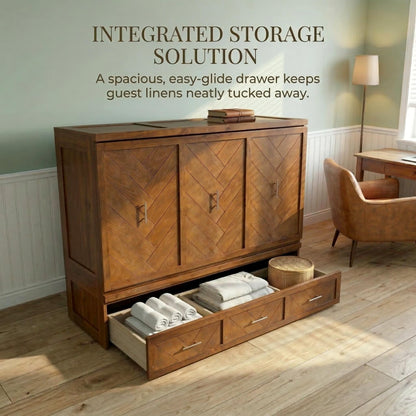 KEIKI Queen Murphy Bed Cabinet with Charging Station & Geometrical Panel, Pine Wood Hideaway Bed Frame with Large 3-Compartment Drawer, 2-in-1 Space-Saving Convertible for Guest Bedroom Studio Walnut