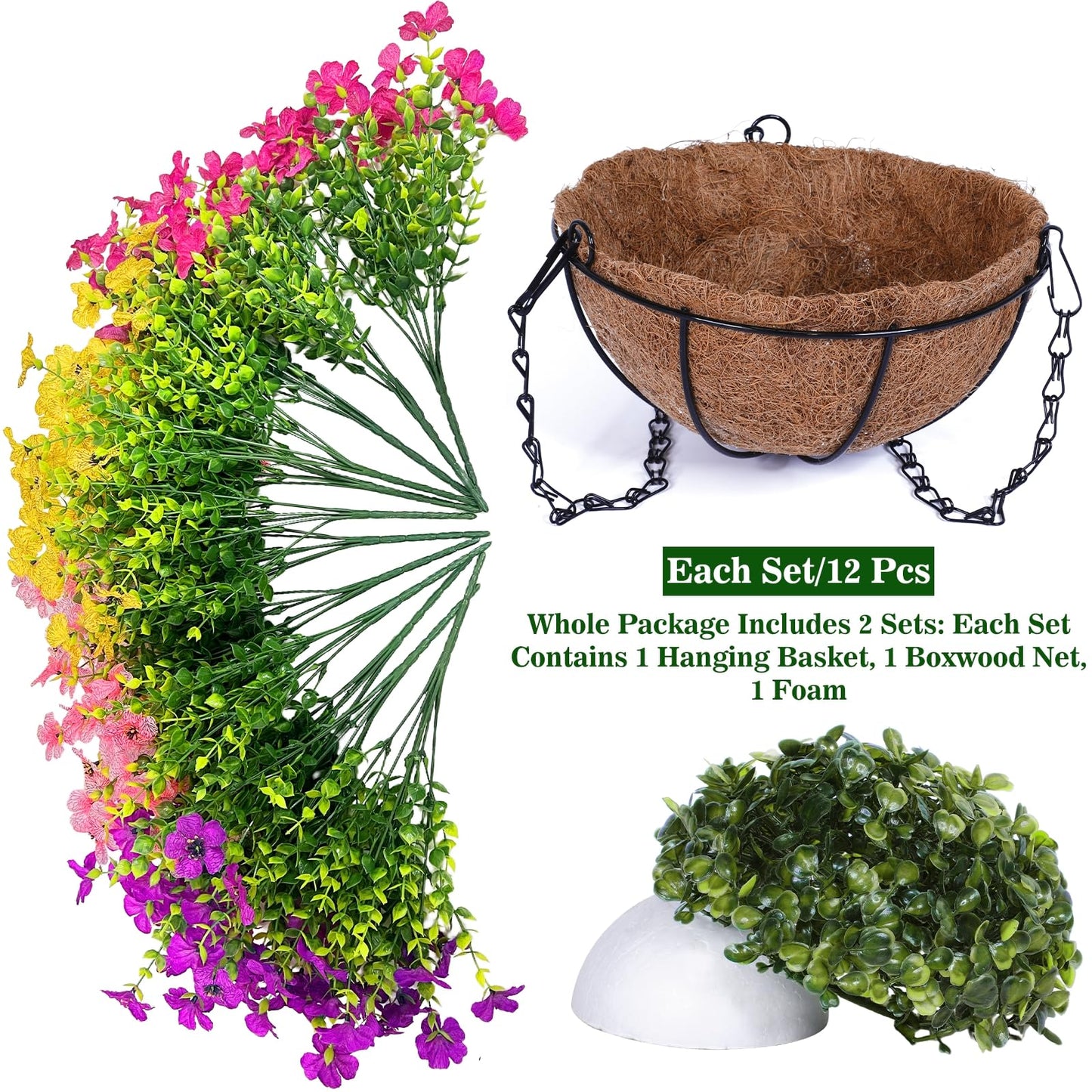 Grandeal 2 Sets Artificial Hanging Plants Flowers Basket Outdoor, Fake Hanging Plants 24 Pcs Flowers for Porch Patio Garden Home Decor for Spring Summer (Red, Purple, Yellow, Rose Red)