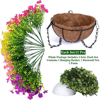 Grandeal 2 Sets Artificial Hanging Plants Flowers Basket Outdoor, Fake Hanging Plants 24 Pcs Flowers for Porch Patio Garden Home Decor for Spring Summer (Red, Purple, Yellow, Rose Red)