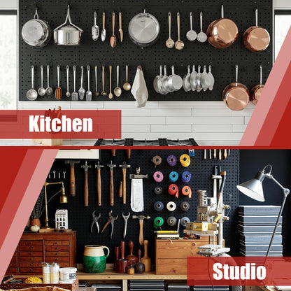 7S garage Peg Board 8 Pack Metal Pegboard Panels with 50 Hooks, Heavy Duty Pegboard Wall Organizer, Black Pegboards for Workbench, Garage Tool Storage, Office Organization, Kitchen, Craft Room