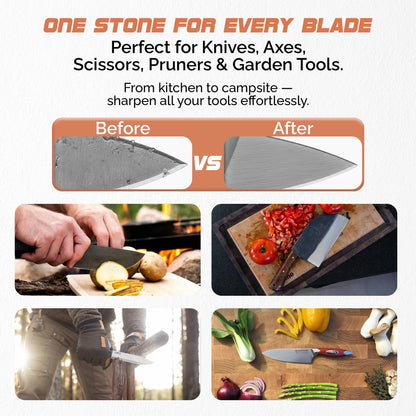Axe Sharpener | Multipurpose Whetstone for Axes, Hatchets & Knives | Dual Grit 180/320 Sharpening Stone with Leather Pouch | Perfect for Camp & Garden Tools
