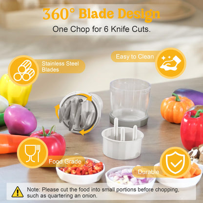Food Chopper, Vegetable Chopper with Container, Onion Chopper Vegetable Cutter, Manual Veggie Chop Handheld Food Chopper for Garlic, Nut, Stainless Steel Blades, Dishwasher Safe, Easy to Clean, White