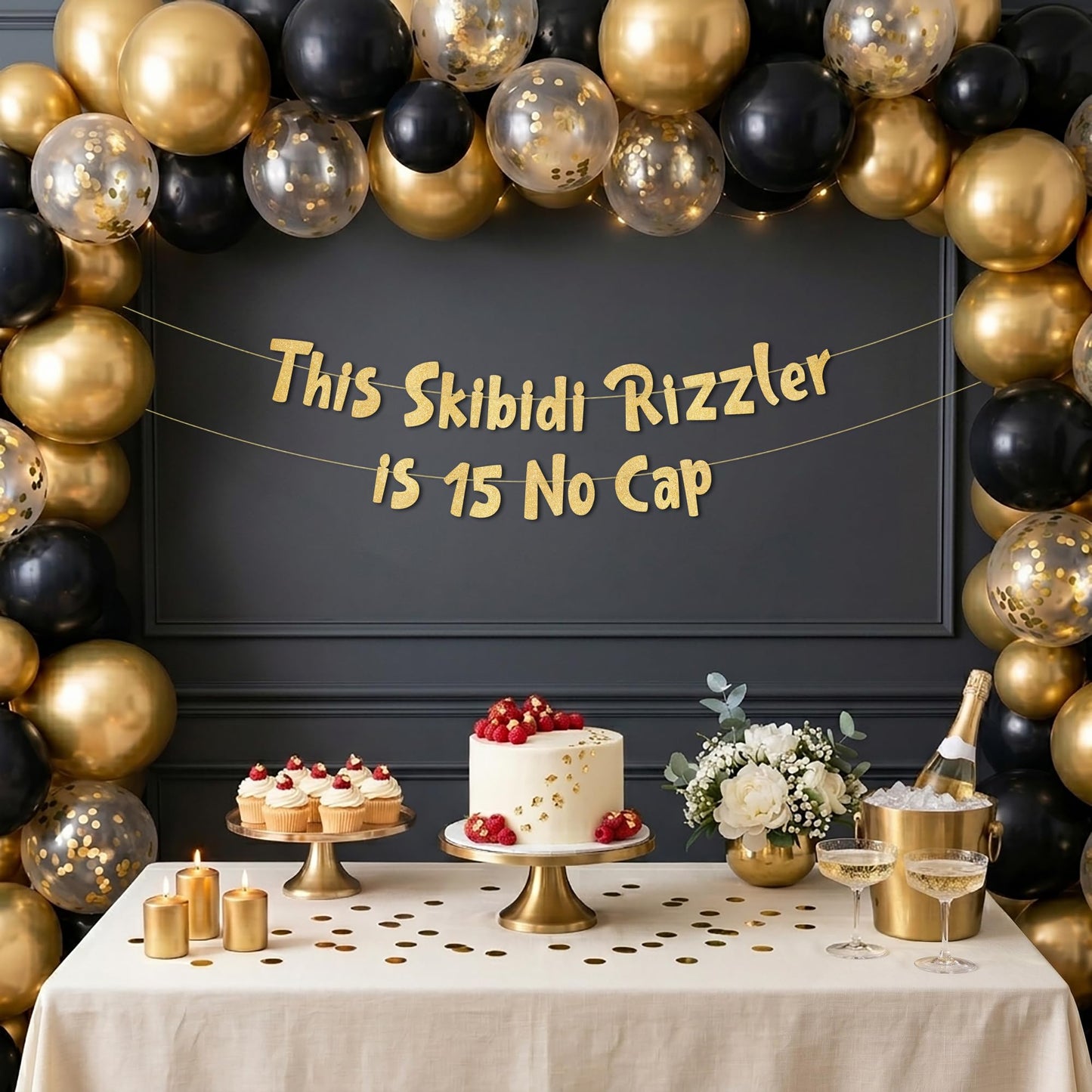 Pre-Strung This Skibidi Rizzler is 15 No Cap Gold Glitter Banner - Funny 15th Birthday Decorations for Teen Boys and Girls - Birthday Party Supplies and Gifts