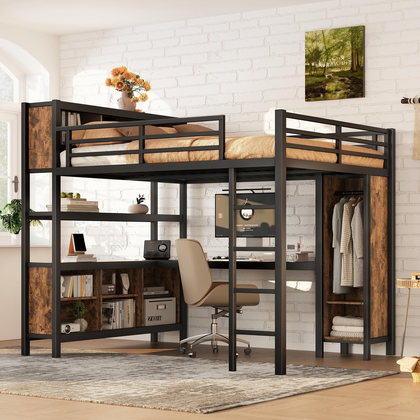 Ball & Cast Metal Loft Bed with Wardrobe and L-Shaped Desk,Queen Size Loft Bed with Storage Cubes and Shelves,Heavy Duty Loft Bed Frame for Kids Teens Adults,No Box Spring Need,Black+Brown
