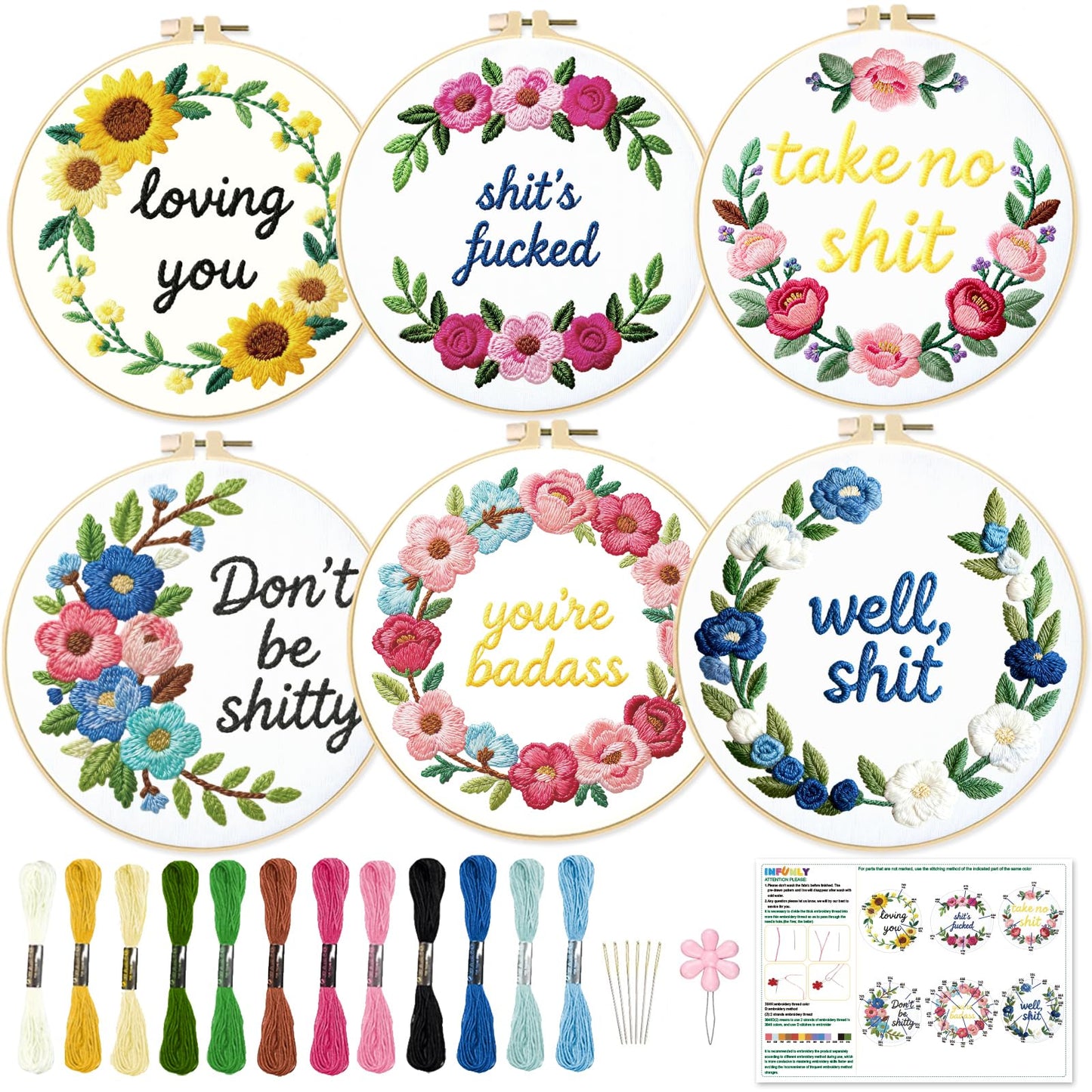 INFUNLY 6 Pack Wreath Embroidery Starter Kit for Beginners Inspirational Word DIY Embroidery Kits for Adult Loving You Stamped Needlepoint Set with Step-by-Step Instructions Threads Craft Lover Gift