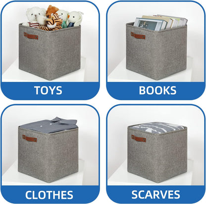 Temary 13 Inch Fabric Storage Baskets, Set of 4 Cube Bins for Home and Office with Leather Handles in Grey