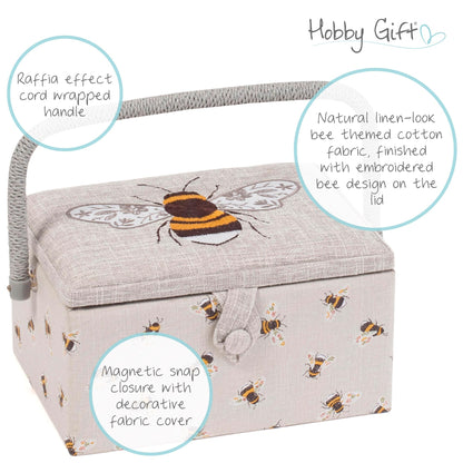 Hobby Gift Medium Sewing Box Organiser, Fabric Covered Storage Box with Handle, Internal Tray, Pin Cushion and Pocket for Sewing, Quilting and Knitting Supplies