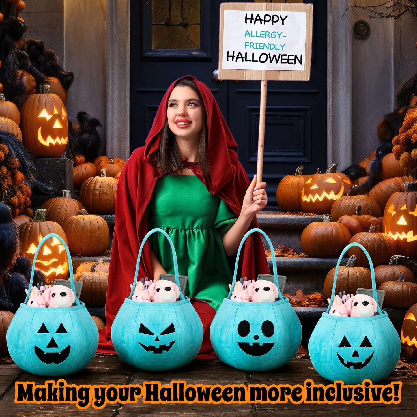 Sunnymove 8 Pcs Halloween Teal Trick or Treat Pumpkin Reusable Bucket 9.8"x7.8" Gold Velvet Candy Bags Portable Halloween Pumpkin Fabric Gift Candy Bucket for Costumes Decoration Party Supplies
