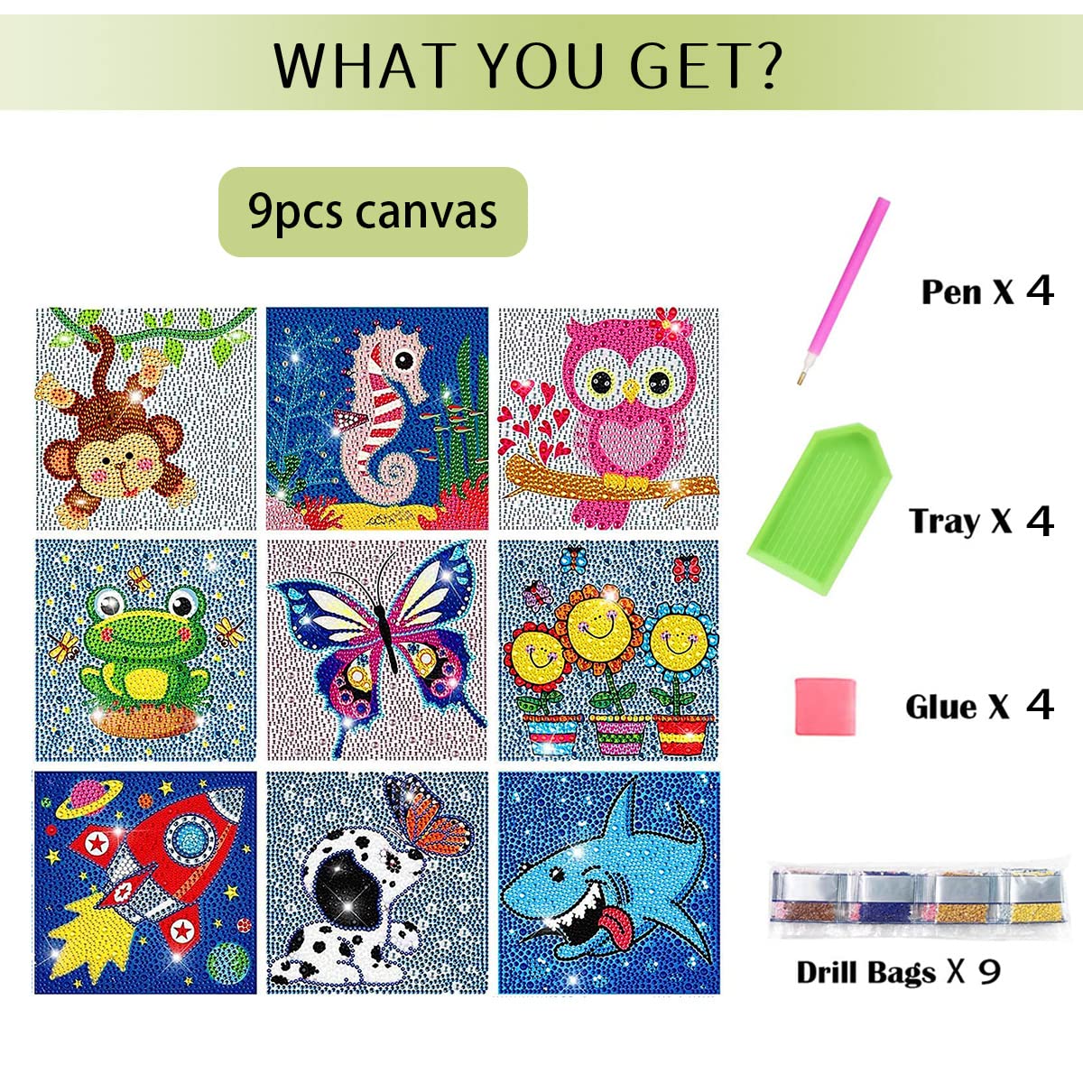 HUBENDMC 9 Pack 5D Diamond Painting Kits Cute Full Drill DIY Gem Arts and Crafts for Beginners Kids Ages 8-12 Diamond Dots for Home Wall Decor 6X6 inch